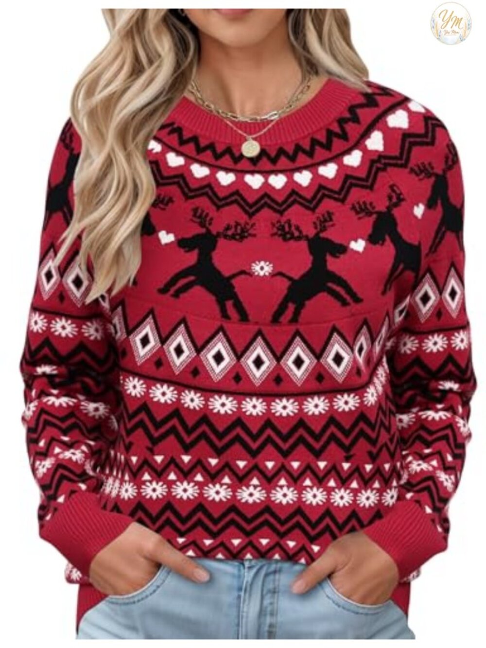 Womens Lightweight Fair Isle Sweater Raglan Sleeve Crew Neck Knitted Pullover